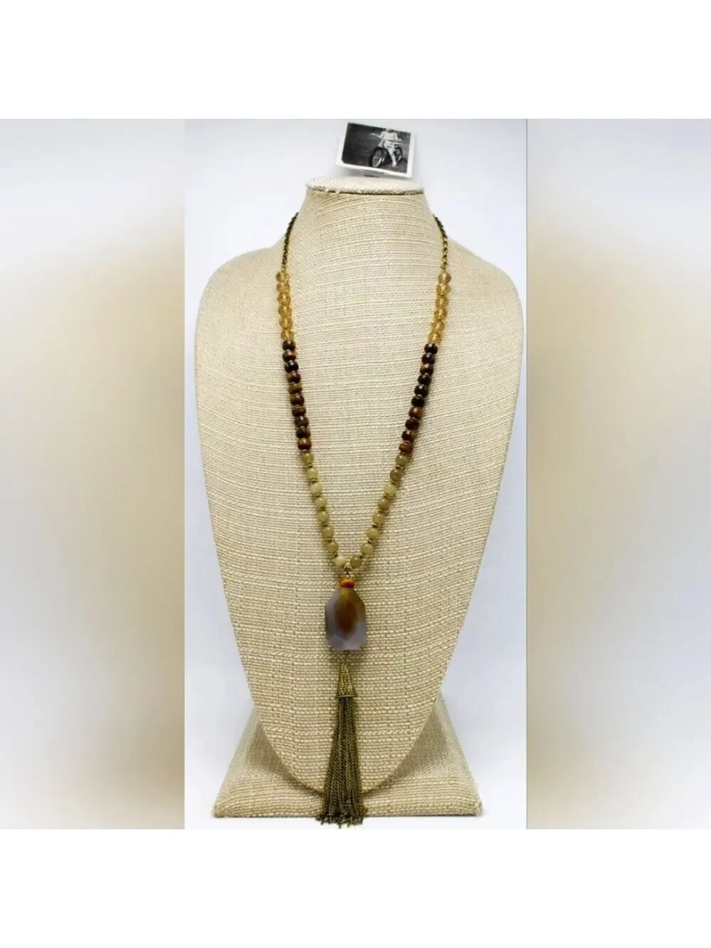 Earthy Glass Bead & Stone Tassel Pendant Necklace by Anthropologie NWT